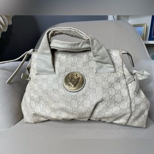 Auth GUCCI GG Crystal Hysteria Crest Hand Bag Coated Canvas Leather Cream